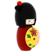 Render kokeshi doll japanese black red floral with transparent background png