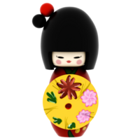 3d render kokeshi doll japanese black red floral with transparent background png
