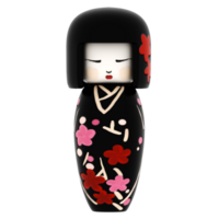 3d render japanese kokeshi doll black kimono floral with transparent background png