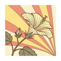 Stylized yellow hibiscus flower with bud leaves on a sunburst green vector