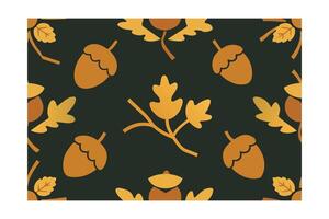 Seamless pattern acorns oak leaves in warm autumn colors on dark green leaf fall vector