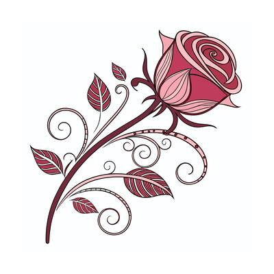 Pink red stylized rose with swirling vine leaves flower burgundy
