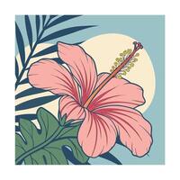 Pink hibiscus flower with green leaves blue palm fronds vector