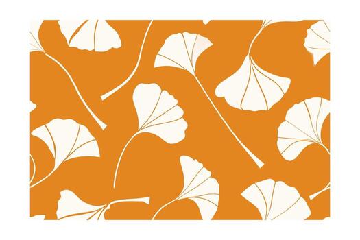 Cream ginkgo leaves on a warm orange with a repeating pattern leaf vector