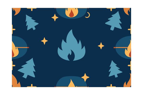 Seamless pattern blue trees orange campfire yellow stars on dark blue fall camping