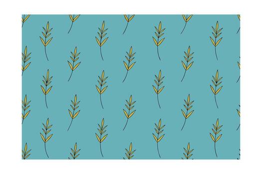 Repeating pattern yellow leaves on a teal with outlines leaf botanical vector
