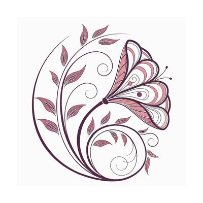 Delicate pink purple floral design with swirling vines leaves Flower decorative