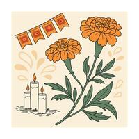 Orange marigold flowers with candles decorative flags yellow vector