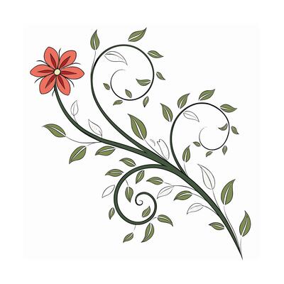 Red flower with green leaves swirling vine on