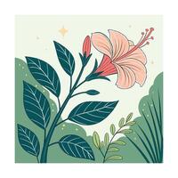 Delicate pink hibiscus flower with dark green leaves subtle yellow stars coral vector