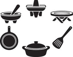Black and white illustration of kitchen tools and cooking utensils vector