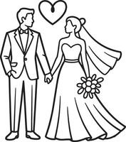 Black and White Wedding Couple Holding Hands with Heart Symbol vector