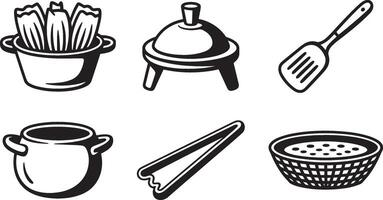 Black and white illustration of cooking utensils and food items vector