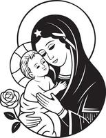 Black and Illustration of Mother Mary Holding Baby Jesus vector