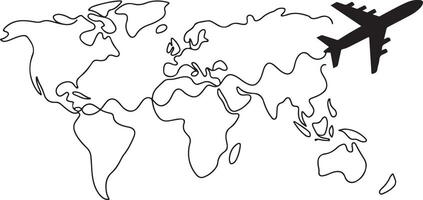 Black airplane silhouette flying over a simple black and white world map illustration vector