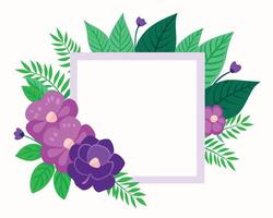 Floral square frame with purple flowers and green leaves for design and decorative purposes vector
