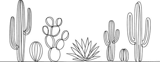 Black line drawing of various cacti and succulents on a white background vector
