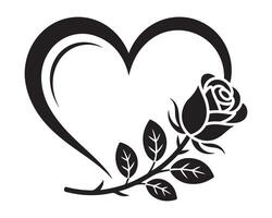 Black heart shape with rose and leaves illustration vector