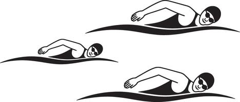Black and white illustration of swimmers in the water with goggles and swim caps vector