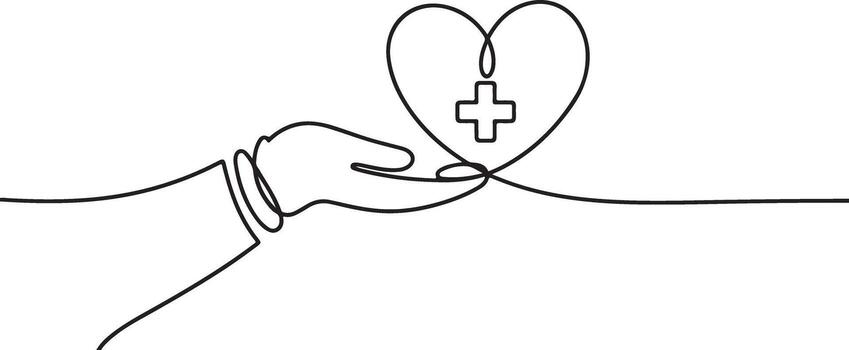 Hand Holding Heart with Cross Symbol Continuous Line Drawing vector