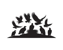 Black Eagle Silhouettes with Nest and Soaring Birds on White Background vector