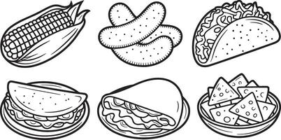 Black and White Illustration of Various Food Items Including Corn Pickles Taco and Nachos vector