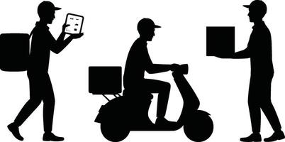 Delivery Workers Silhouettes with Tablet Scooter and Boxes on White Background vector