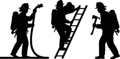 Black Silhouettes of Firefighters with Equipment on White Background vector