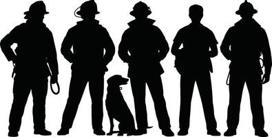Silhouetted Firefighters and Dog Standing in a Row Against White Background vector