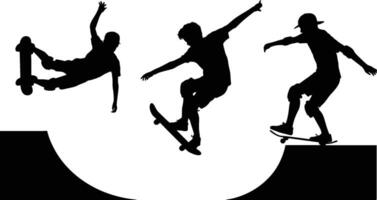 Silhouetted Skateboarders Performing Tricks on Ramps Against White Background vector