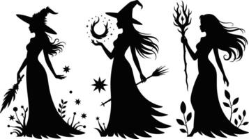 Black Witch Silhouettes with Hats Dresses and Magic Elements on White Background vector