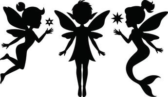 Black Fairy Silhouettes with Wings and Stars on White Background vector