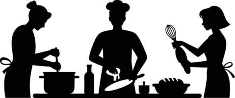 Black silhouettes of three people cooking with kitchen tools and food items vector