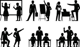 Silhouetted Figures in Business Attire Presenting and Teaching on White Background vector