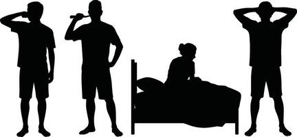 Silhouettes of People Brushing Teeth, Waking Up, and Resting on Bed vector