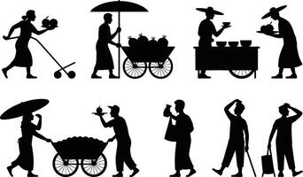 Black Silhouettes of Street Vendors and People with Various Items vector