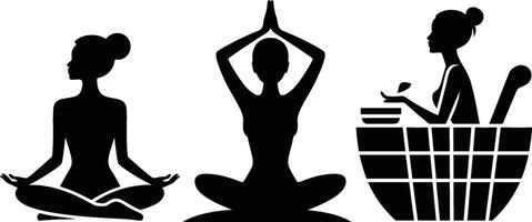 Silhouetted Figures in Yoga Meditation and Spa Relaxation Black and White vector