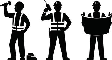 Black Silhouettes of Construction Workers with Tools and Blueprints vector
