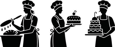 Black and White Bakers with Bread and Cakes Silhouettes vector