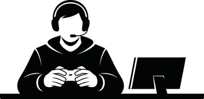 Black and White Gamer with Headset Controller and Monitor Illustration vector