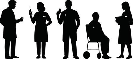 Silhouetted Medical Professionals and Patient in Various Poses on White Background vector