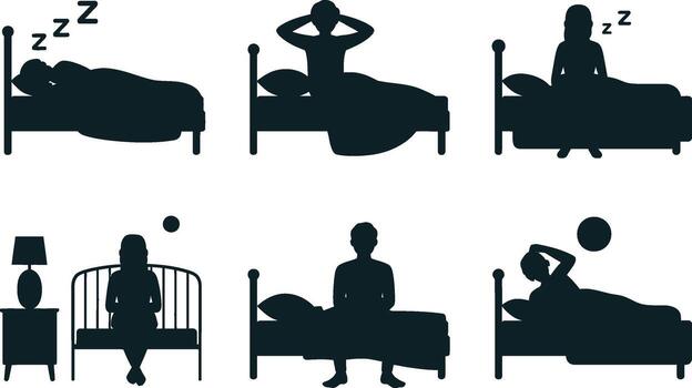 Silhouetted Figures in Various Bedtime Positions on White Background vector