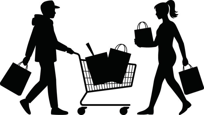 Black Silhouettes of Shoppers with Shopping Cart and Bags on White Background