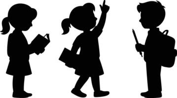 Black Silhouettes of Three Children with Books Backpack and Raised Hand on White Background vector