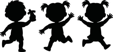 Black Silhouettes of Children Running with Cross and Raised Arms vector