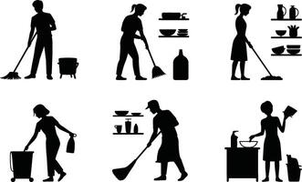 Black Silhouettes Cleaning and Housekeeping Activities with Household Objects vector