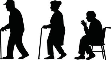 Silhouettes of Elderly People Walking and Sitting with Canes and Wheelchair vector