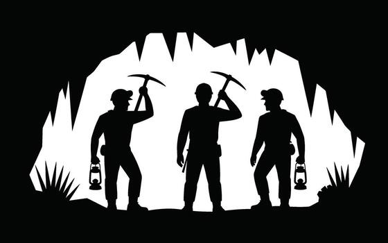 Silhouetted Miners with Pickaxes and Lanterns in a Cave vector