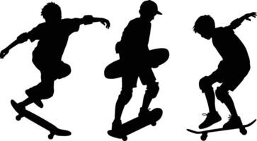 Black Silhouettes of Skateboarders Performing Tricks on White Background vector