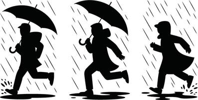 Black Silhouettes of People Running in Rain with Umbrellas and Raincoats vector